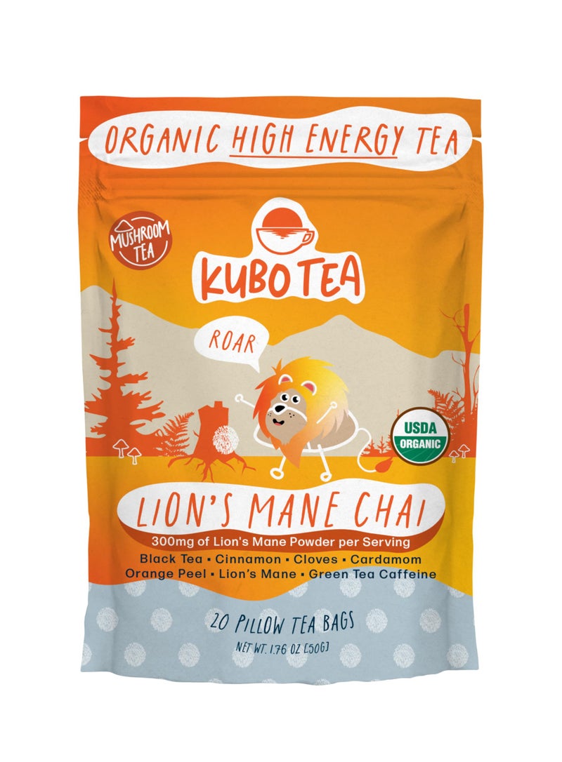 Kubo Tea Lion's Mane Black Tea - High Caffeine Coffee Substitute w/ 20 Servings (155mg Caffeine Each) - Organic Lion's Mane Tea Bags with Pillow Bag Design, Biodegradable and Compostable Packaging - Image 1
